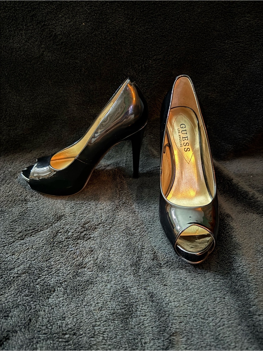GUESS Black Patent Peep-Toe Stiletto Pumps